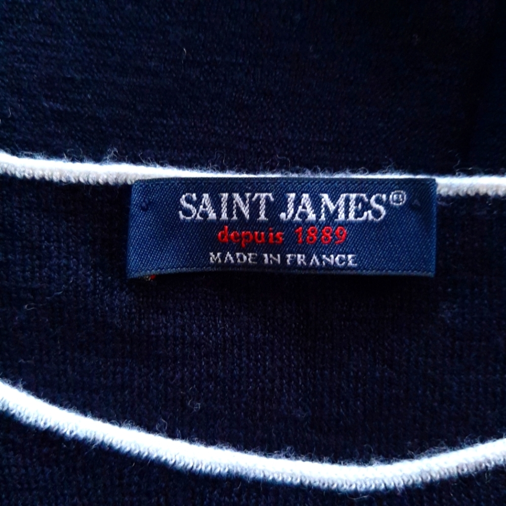 SAINT JAMES Women's Navy Blue 100% Wool Jumper UK Size 12 Contrast Trim Breton - Picture 12 of 15